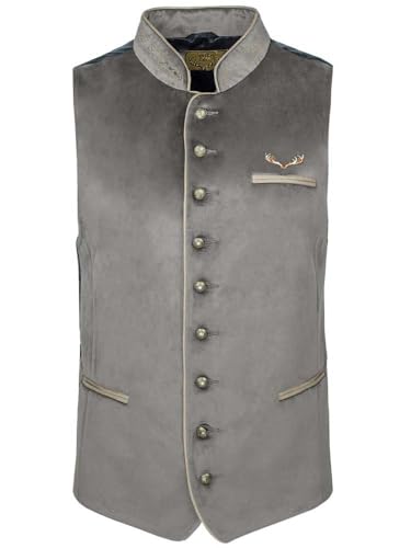 Trachten Rebell Trachtenweste Alois grau | Samt-Weste mit Geweih | Gilet schick (DE/NL/SE/PL, Numerisch, 54, Regular, Regular, grau) von Trachten Rebell