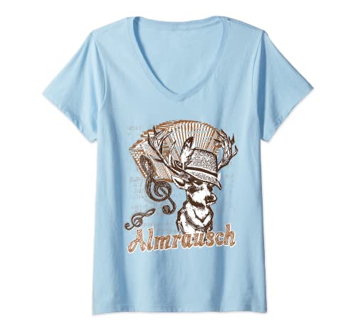 Damen Trachten Shirt Almrausch Hirsch Steirische T-Shirt mit V-Ausschnitt von Trachten Shirt Almrausch Hirsch Steirische