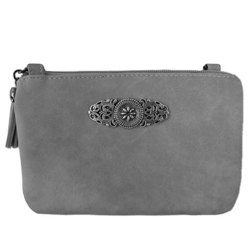 Trachtenland Damen Trachten Handtasche Sofia – Dirndl Umhängetasche aus Lederimitat mit Applikation & Troddel in Pastellfarben oder Schwarz (Dunkelgrau, ca. 18 x 12 x 8 cm) von Trachtenland