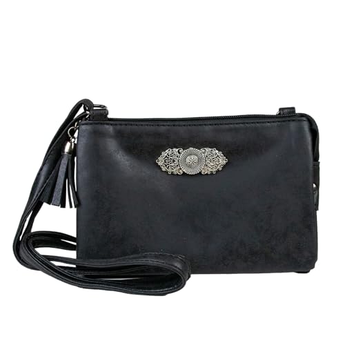 Trachtenland Damen Trachten Handtasche Sofia – Dirndl Umhängetasche aus Lederimitat mit Applikation & Troddel in Pastellfarben oder Schwarz (Schwarz, ca. 18 x 12 x 8 cm) von Trachtenland