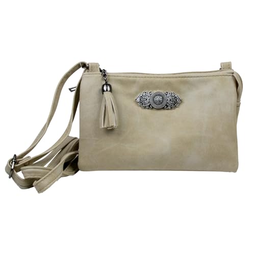 Trachtenland Damen Trachten Handtasche Sofia – Dirndl Umhängetasche aus Lederimitat mit Applikation & Troddel in Pastellfarben oder Schwarz (Beige, ca. 18 x 12 x 8 cm) von Trachtenland