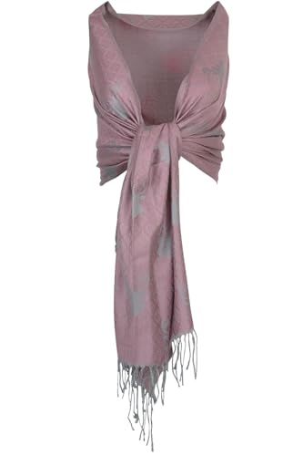 Trachtenland Halstuch Schal mit Hirschkopf Motiv 185 x 70 cm | Weiche Webware Fransenschal (Dunkles Rosa/Silber) von Trachtenland