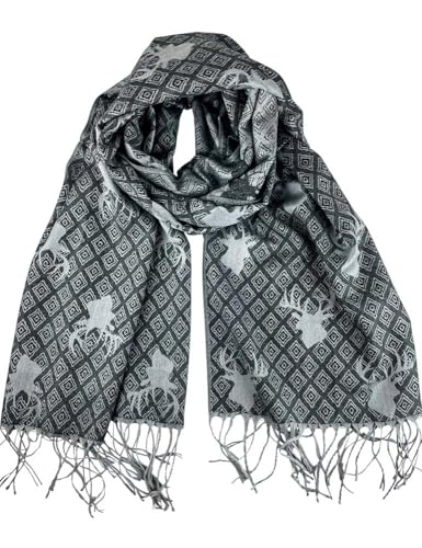 Trachtenland Halstuch Schal mit Hirschkopf Motiv 185 x 70 cm | Weiche Webware Fransenschal (Schwarz/Silber) von Trachtenland