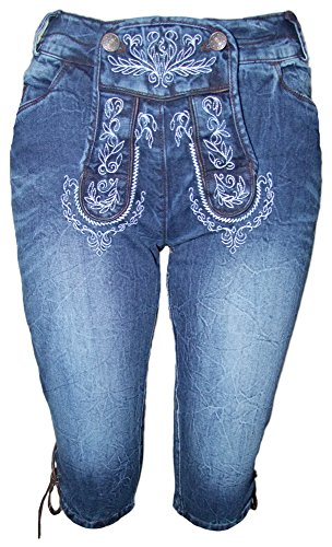 Trachtenland Jeans Bea in Lederhosen Optik Jeansblau Weiß Gr. 34 - Super Bequeme hochwertige Damenjeans in Lederhosenoptik für Oktoberfest und Kirchweih von Trachtenland