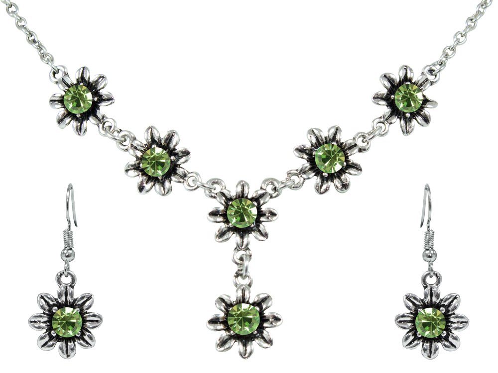 Trachtenland Kette mit Anhänger Blumen Collier mit Ohrhängern - Hellgrün von Trachtenland