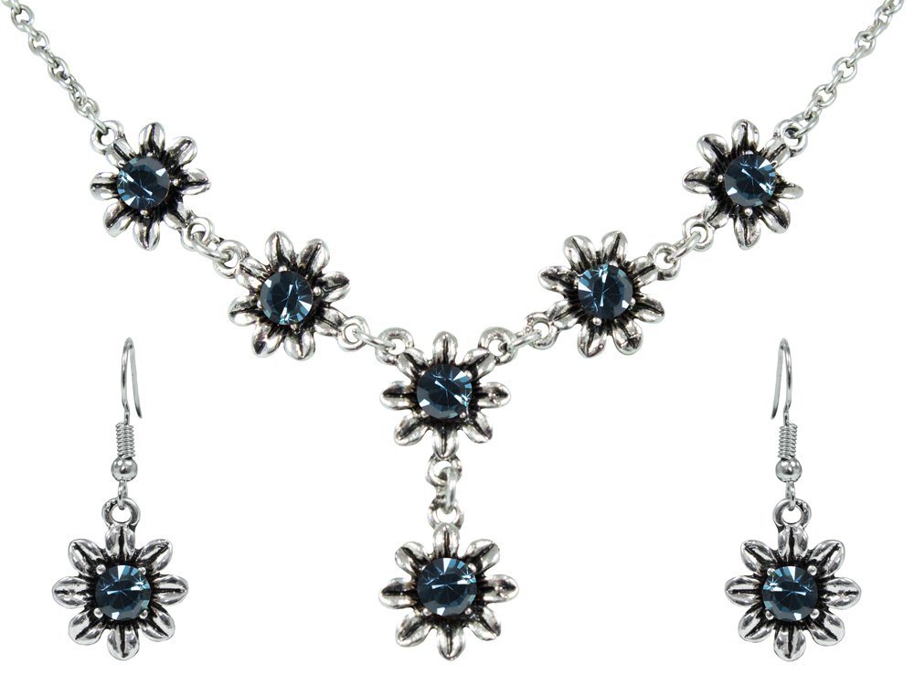 Trachtenland Kette mit Anhänger Blumen Collier mit Ohrhängern - Ozeanblau von Trachtenland