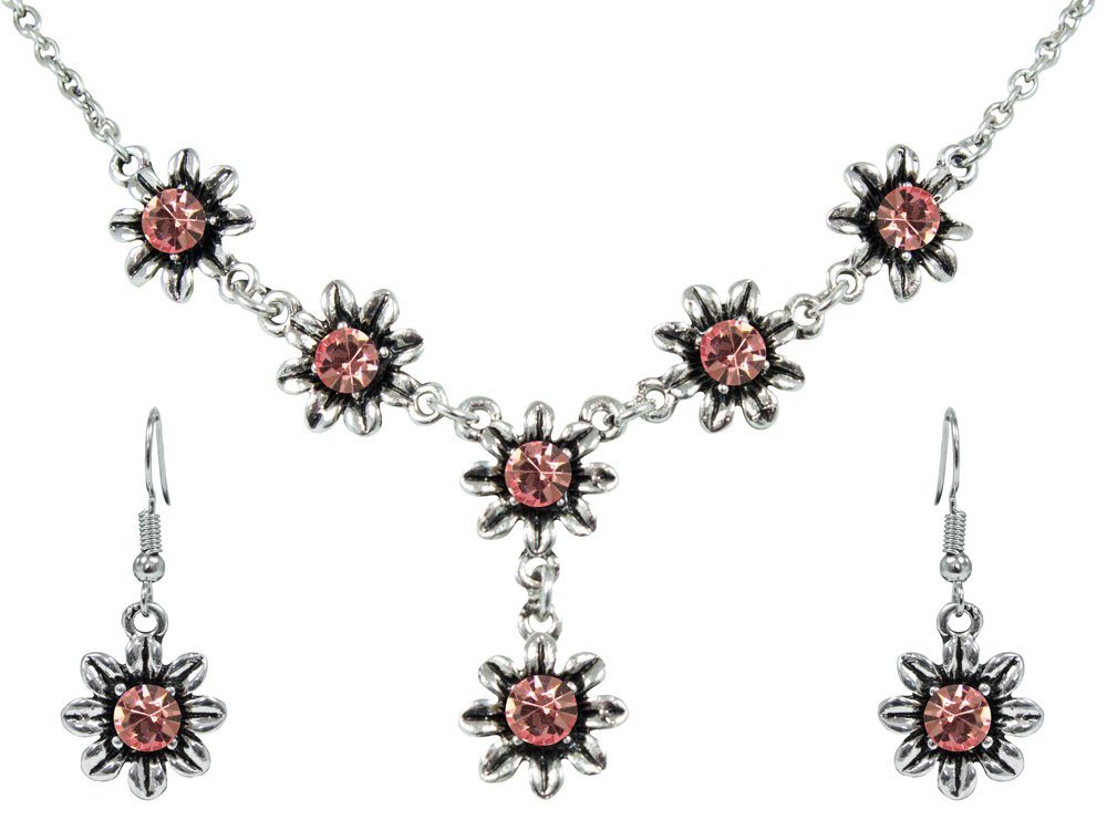 Trachtenland Kette mit Anhänger Blumen Collier mit Ohrhängern - Rosa von Trachtenland