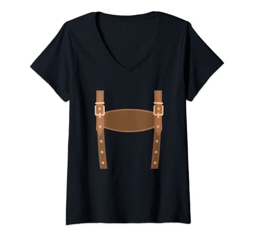 Damen Lederhose Attrappe Tracht Lederhose Ersatz Lederhosn T-Shirt mit V-Ausschnitt von Trachtenshirt Dirndl Ersatz Shirt Bayrische Tracht