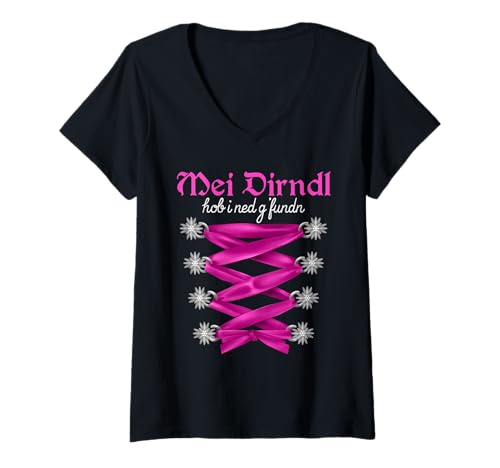 Damen Volksfest Blusen mit Dirndl Hob I Ned G'fundn Ersatz Dirndl T-Shirt mit V-Ausschnitt von Trachtenshirt Dirndl Ersatz Shirt Bayrische Tracht