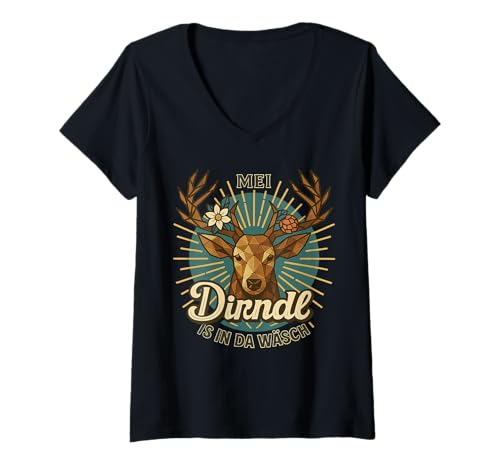 Damen Dirndl Ersatz Tracht MEI Dirndl is in da Wäsch Oktoberfest T-Shirt mit V-Ausschnitt von Trachtenshirt Dirndl is in da Wäsch Trachten Shirt