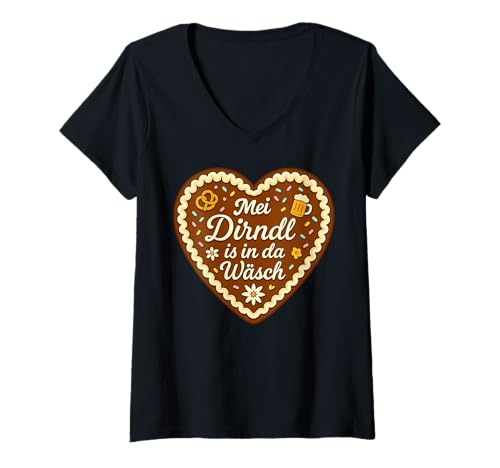 Damen Dirndl Ersatz Tracht MEI Dirndl is in da Wäsch Oktoberfest T-Shirt mit V-Ausschnitt von Trachtenshirt Dirndl is in da Wäsch Trachten Shirt