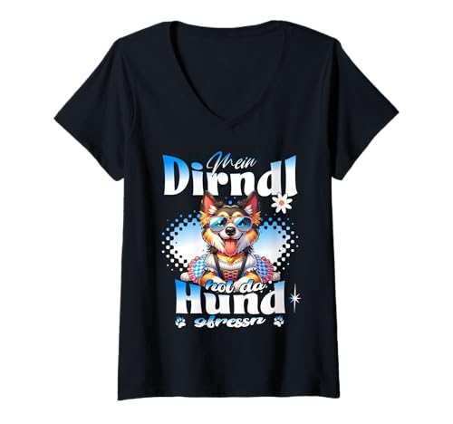 Damen Tracht Damen Outfit Dirndl Ersatz Mein Dirndl hot da Hund T-Shirt mit V-Ausschnitt von Trachtenshirt Ersatz Dirndl - Herren & Damen Kind