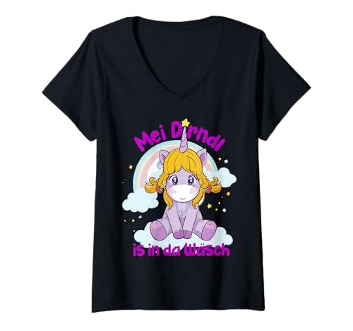 Damen Einhorn MEI Dirndl is in da Wäsch Volksfest Trachten T-Shirt mit V-Ausschnitt von Trachtenshirt Kostüm Mädchen süsses Design