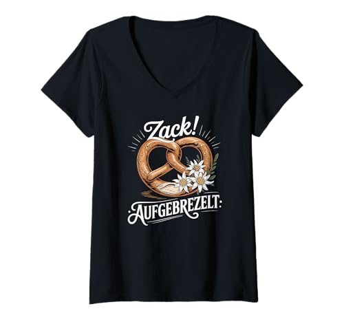 Damen Zack Aufgebrezelt Trachtenhemd Trachten Dirndl Ersatz Damen T-Shirt mit V-Ausschnitt Damen Zack Aufgebrezelt Trachtenhemd Trachten Dirndl Ersatz Damen T-Shirt mit V-Ausschnitt von Trachtenshirt Madl Kostüm Ersatz Dirndl Bretzel