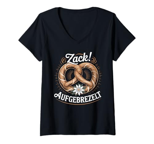 Damen Zack Aufgebrezelt Trachtenhemd Trachten Dirndl Ersatz Damen T-Shirt mit V-Ausschnitt Damen Zack Aufgebrezelt Trachtenhemd Trachten Dirndl Ersatz Damen T-Shirt mit V-Ausschnitt von Trachtenshirt Madl Kostüm Ersatz Dirndl Bretzel