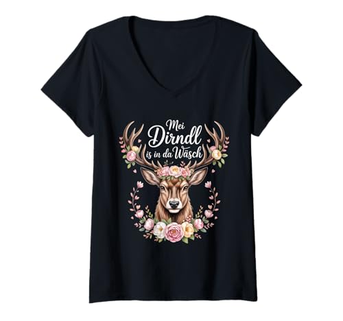 Damen MEI Dirndl is In Da Wäsch Dirndl Ersatz Hirsch Bierfest T-Shirt mit V-Ausschnitt von Trachtenshirts Dirndl Ersatz Sprüche Volksfest