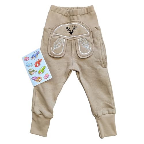 Baby Pumphose Jogginghose Babyhose in Lederhosen Stil Tracht mit schönen Stickereien, inkl. Auto Sticker in Größe 74/80 von Trachterbahn