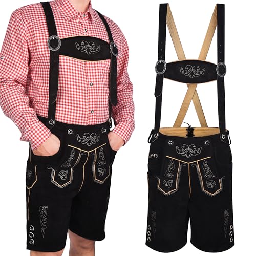 Kurze Trachtenhose Herren Antik Deluxe Lederhose kurz mit Hosenträger Kurz geschnitten mit stilvollen Riemen Größe 46-60 (Schwarz, 50) von Trachtify