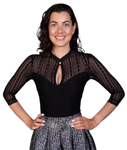 Trachtl - HELENE Trachtenmode Damen Dirndlbody Spitzenbody Spitzenbluse Dirndlbluse Trachtenbody Bodysuit Dirndl in Gr. 34-44 Tropfenausschnitt in Weiss und Schwarz (Schwarz, 34) von Trachtl.de