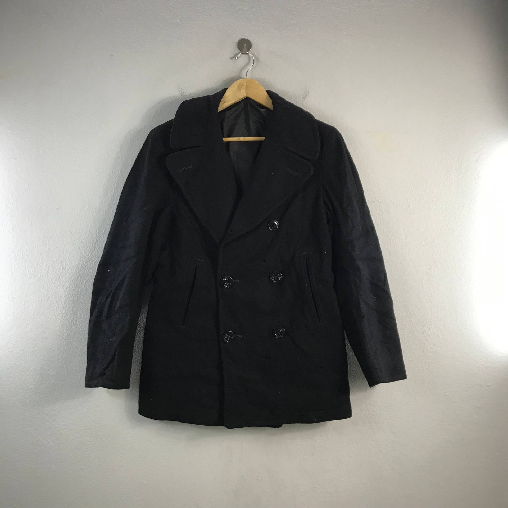 Vintage 80Er Jahre Us Navy Peacoat Doppelbrust Wolle Stil Sailor Design Herrenbekleidung Mantel Militär Military Bombers Windjacke Schwarz 36R von Tracstore