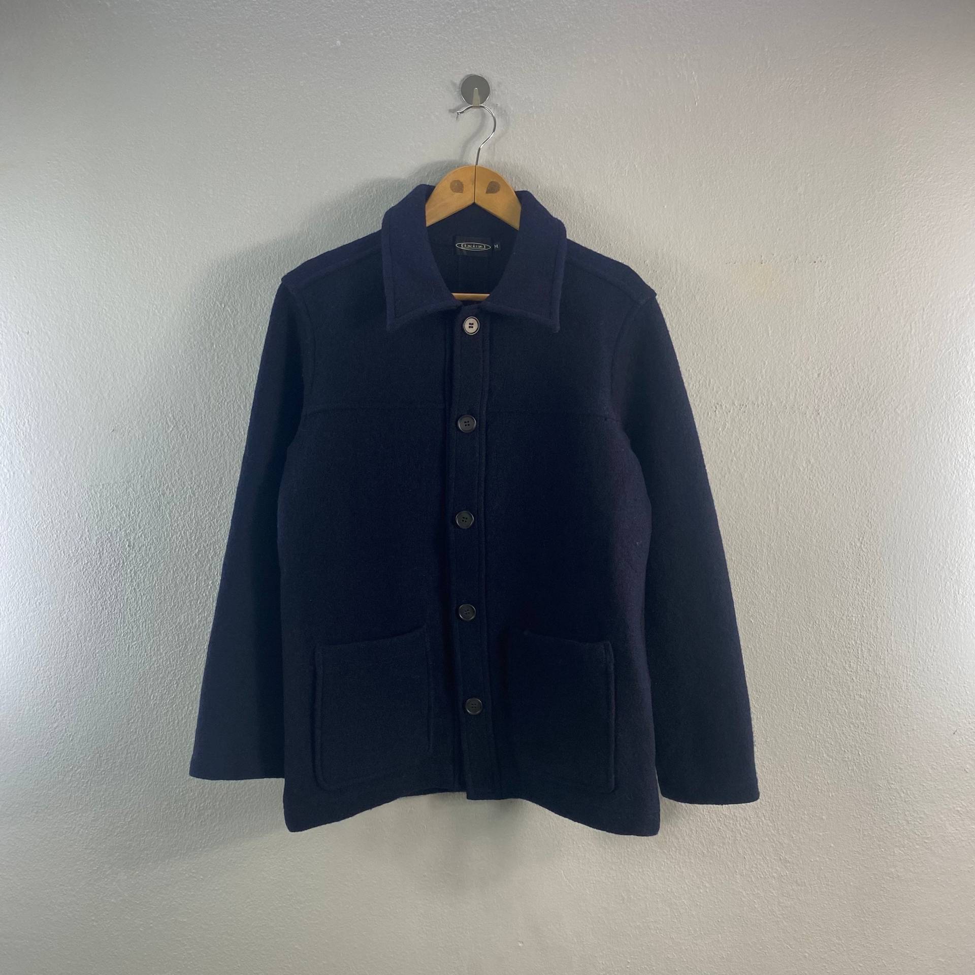 Vintage 90Er Jahre Ixi Z Wolle Casual Style Design Herrenmode Outfits Works Doppeltasche Trench Bombers Windjacke Blau Mittlere Größe von Tracstore