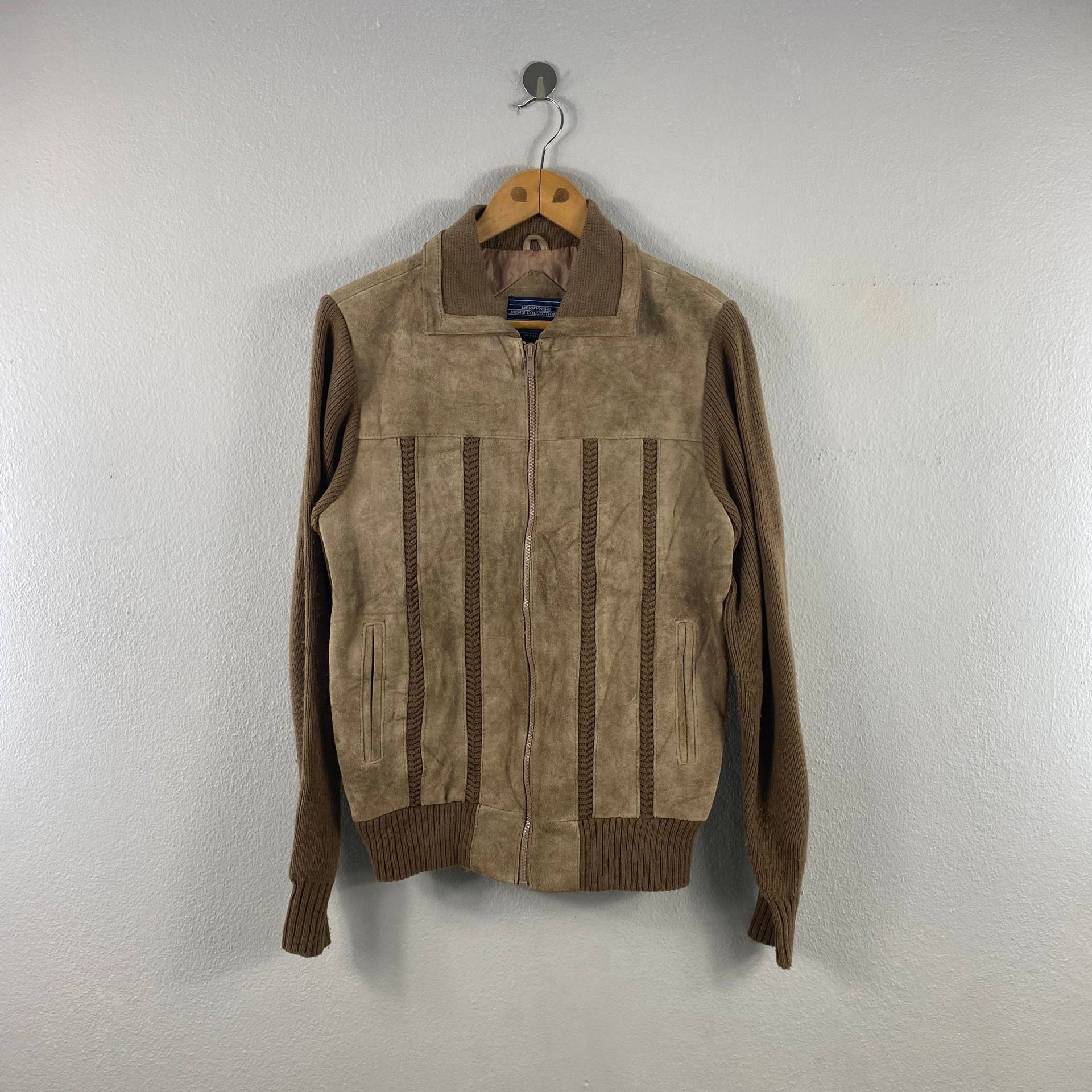 Vintage 90Er Jahre Mervyns Herrenkollektion Wildleder-Stil Strickwaren Reißverschluss Mode Lässige Strickoutfits Bomber-Windjacke Braun Medium von Tracstore