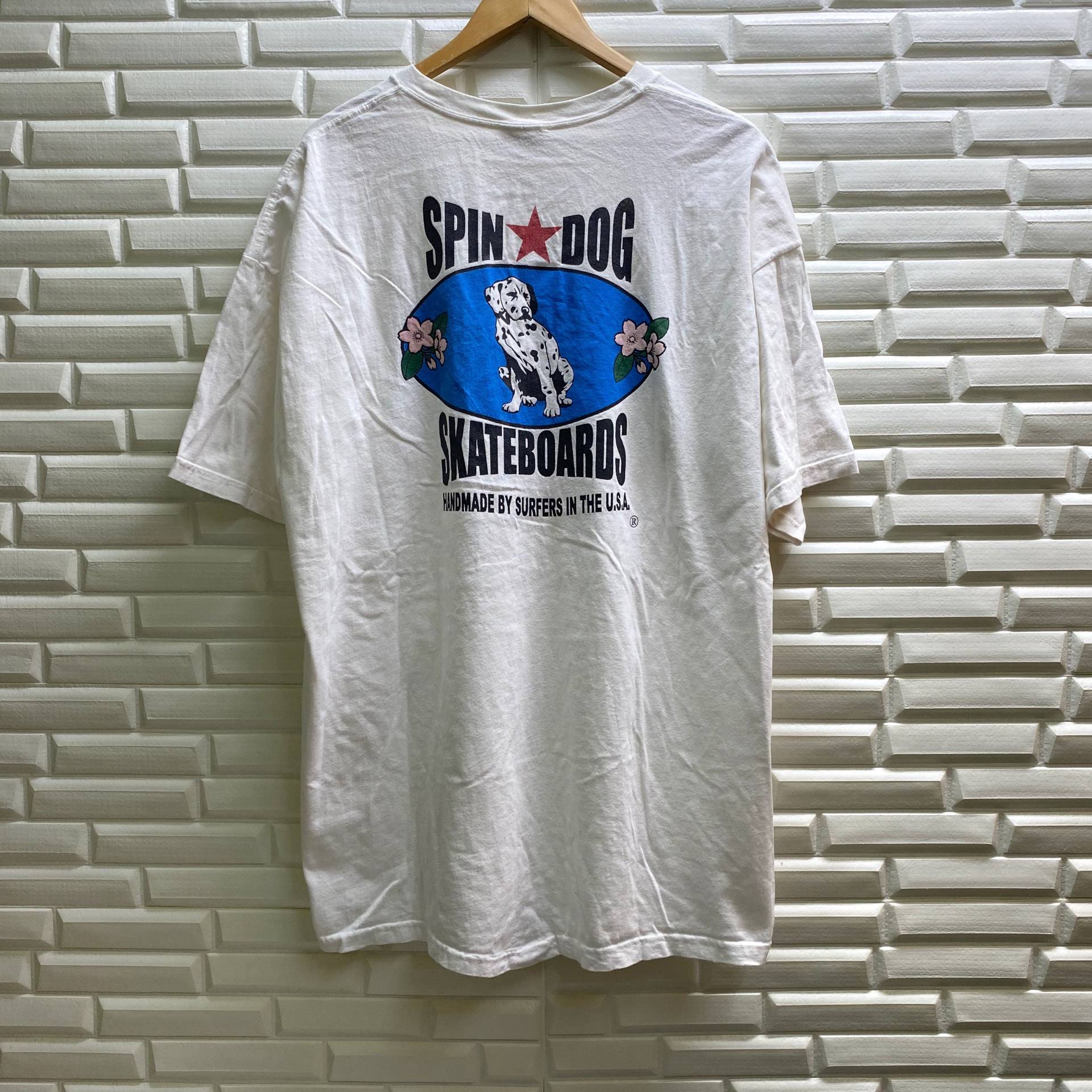 Vintage 90Er Jahre Spin Dog Skateboards Handgefertigt Von Surfers Usa Style Streetwear Skaters Powell Design Top T-Shirts T-Shirt Weiß Xlarge Größe von Tracstore