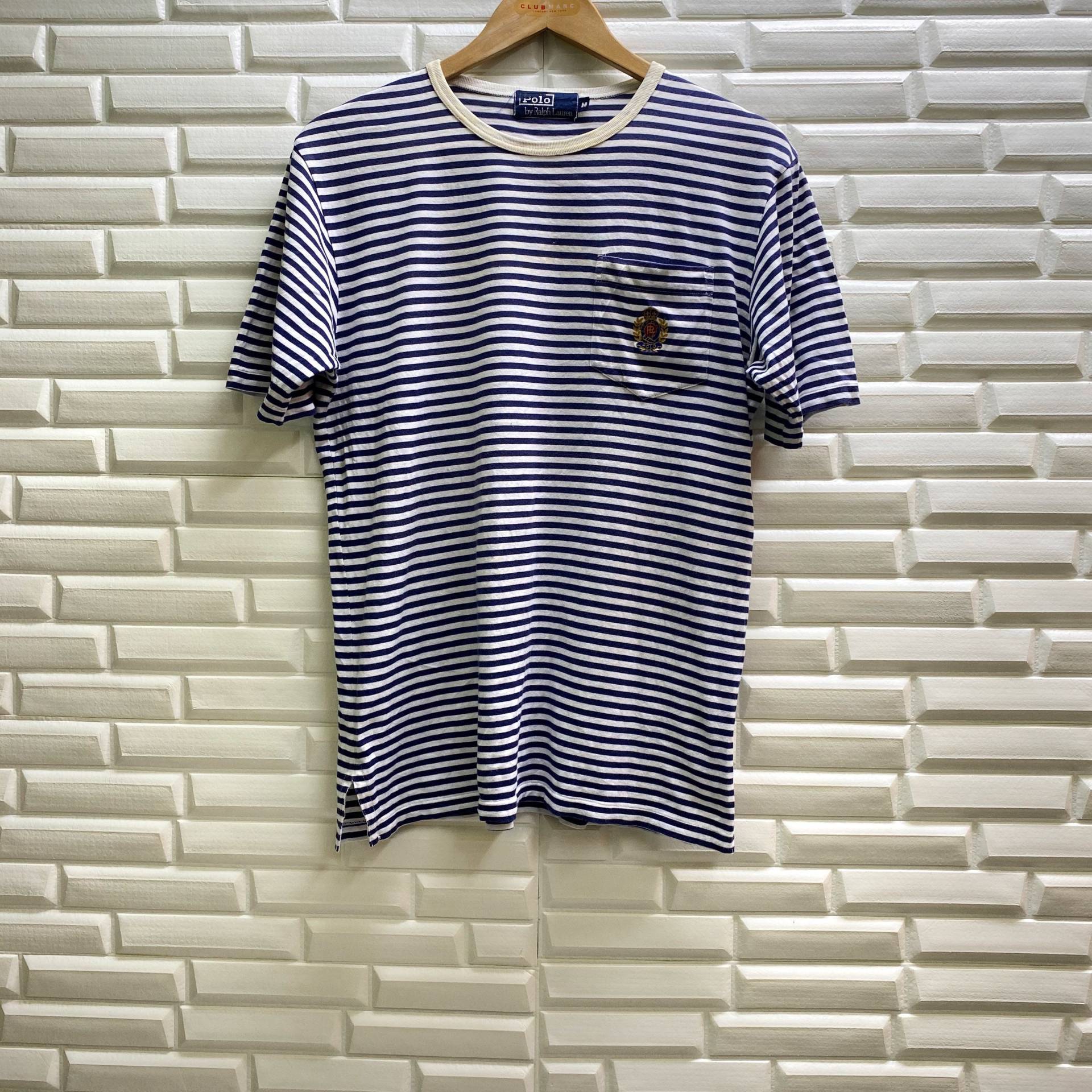 Vintage Polo Ralph Lauren Rl Stripe Herrenbekleidung Gestickte Casual Outfits Mode Tasche Border Marke Top T-Shirts Tshirt Blau Mittlere Größe von Tracstore