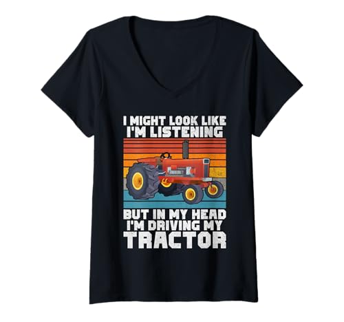 Damen Ich schaue vielleicht, wenn ich in Meinem Kopf zuhöre, ich fahre Meinen Traktor T-Shirt mit V-Ausschnitt Damen Ich schaue vielleicht, wenn ich in Meinem Kopf zuhöre, ich fahre Meinen Traktor T-Shirt mit V-Ausschnitt von Tractor Accessories