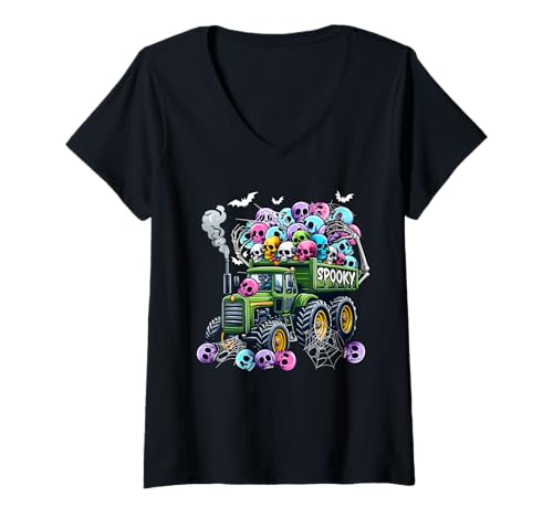 Damen Spooky Halloween Driver Tractor Horror Colorful Skulls T-Shirt mit V-Ausschnitt Damen Spooky Halloween Driver Tractor Horror Colorful Skulls T-Shirt mit V-Ausschnitt von Tractor Halloween Costume