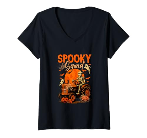 Damen Spooky Halloween Squad Skeleton Driving Tractor Horror Boo T-Shirt mit V-Ausschnitt Damen Spooky Halloween Squad Skeleton Driving Tractor Horror Boo T-Shirt mit V-Ausschnitt von Tractor Halloween Costume
