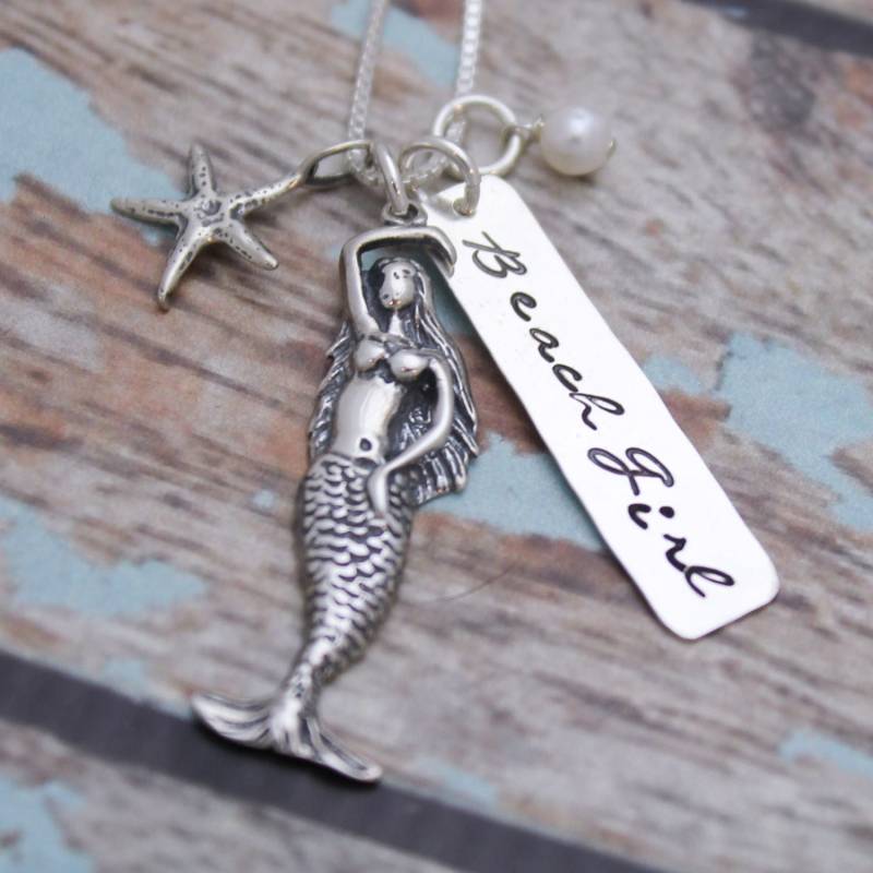 Sterling Silber Meerjungfrau Halskette Hand Gestempelt Strand Mädchen Schmuck von TracyTayanDesigns