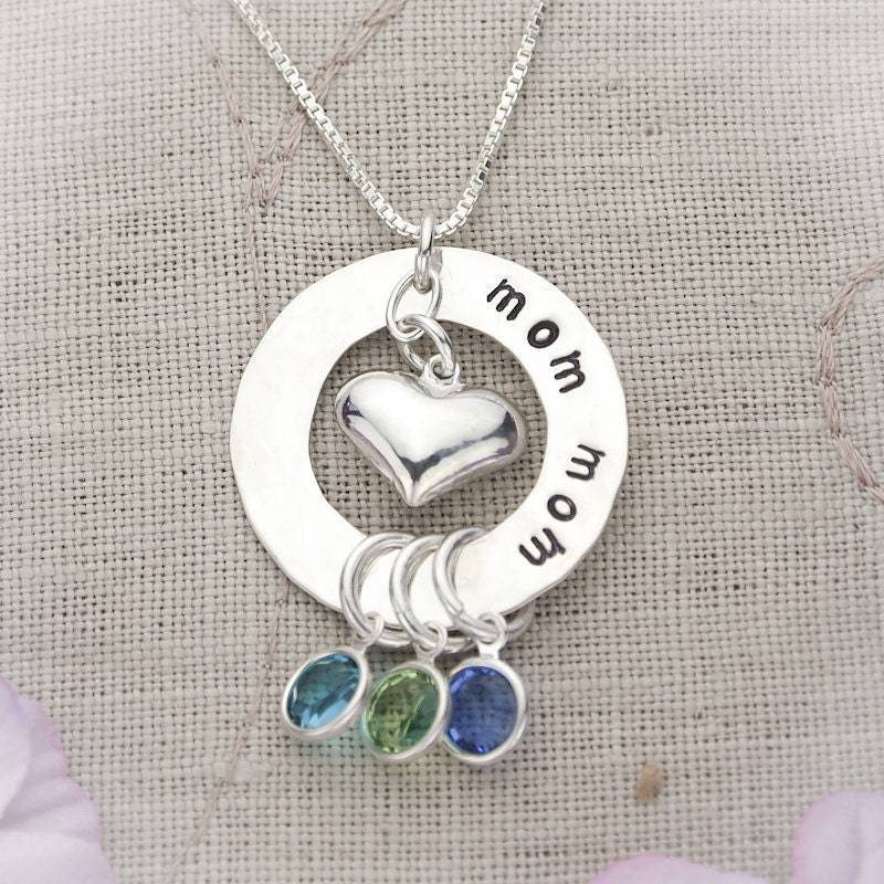 Personalisierte Sterling Silber Washer Halskette Hand Gestempelt Name, Birthstone Charms von TracyTayanDesigns