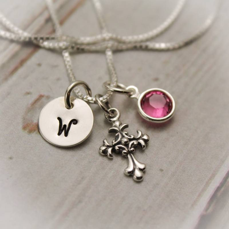 sterling Silber Kreuz Halskette Personalisierter Initial & Geburtsstein, Konfirmationsgeschenk von TracyTayanDesigns