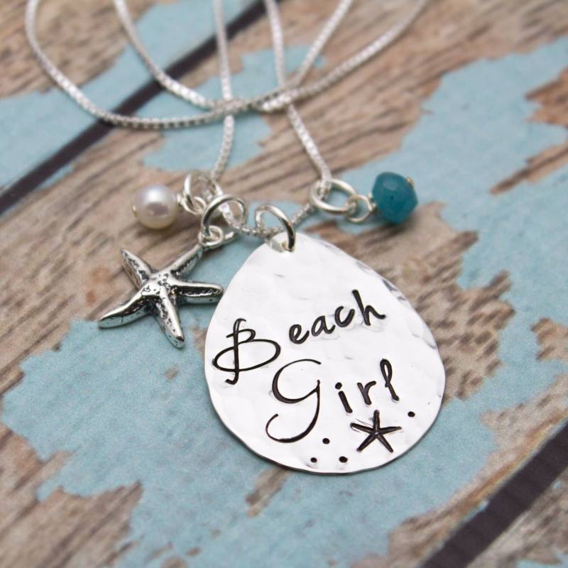Beach Girl Gestempelt Sterling Silber Halskette Seestern, Perle & Aqua von TracyTayanDesigns