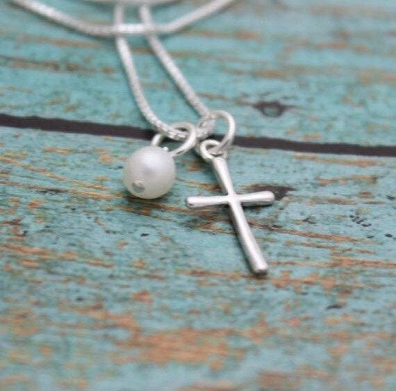 sterling Silber Kreuz Halskette Perle, Konfirmation Geschenk von TracyTayanDesigns