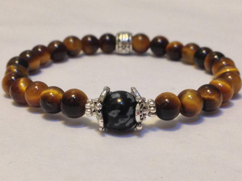 Mut-Armband Kraft Schutz Tigerauge Schneeflockenobsidian Stretch-Armband Silber Ton von TracysMysticalGems