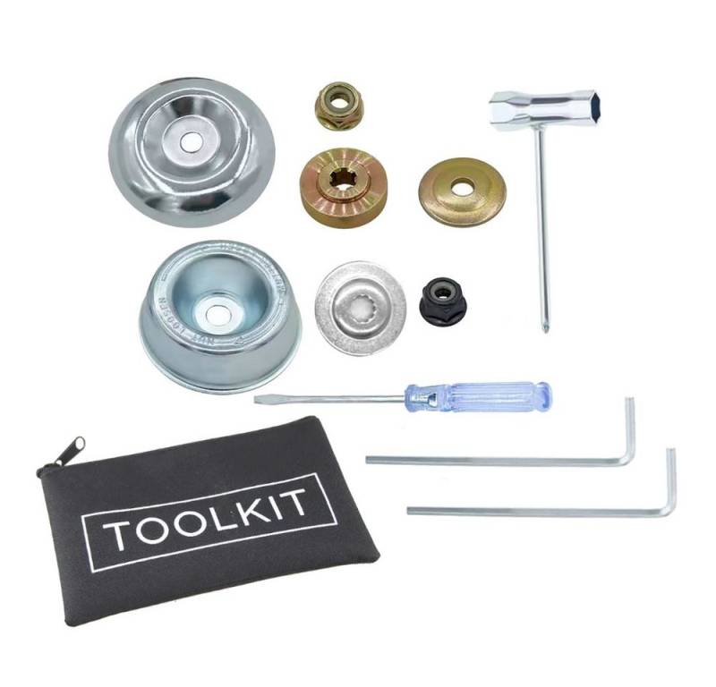 Trade-Shop Zubehör-Set 11in1 Befestigung Adapter für Stihl FS55 FS56 FS66 F70R FS76 FS85, Unkrautbürste, (11-tlg), Druckscheibe, Laufteller, Bundmutter etc. inkl. Aufbewahrungsbeutel von Trade-Shop