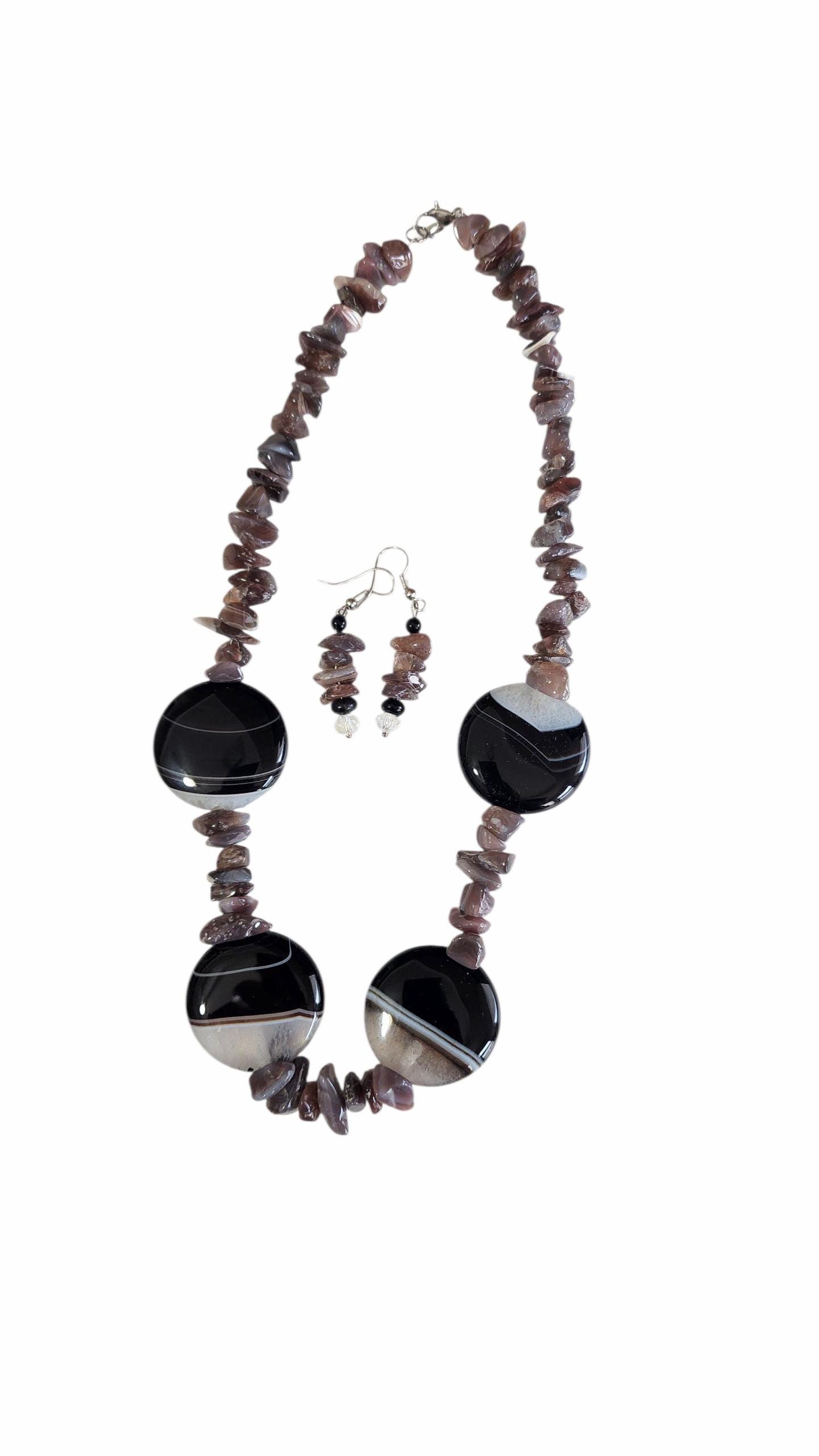 Sale Botswana Schwarz Achat Halskette Set, Quarz Ohrringe, Schutz Halskette, Herbst Sale Botswana Schwarz Achat Halskette Set, Quarz Ohrringe, Schutz Halskette, Herbst von TraderTrudys