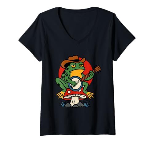 Damen Frosch Banjo Tattoo Flash Vintage Classic American Tattoos T-Shirt mit V-Ausschnitt Damen Frosch Banjo Tattoo Flash Vintage Classic American Tattoos T-Shirt mit V-Ausschnitt von Tradition Inkwear
