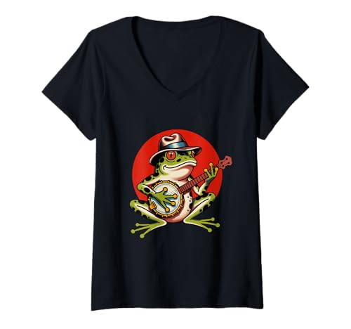Damen Frosch Banjo Tattoo Flash Vintage Classic American Tattoos T-Shirt mit V-Ausschnitt Damen Frosch Banjo Tattoo Flash Vintage Classic American Tattoos T-Shirt mit V-Ausschnitt von Tradition Inkwear