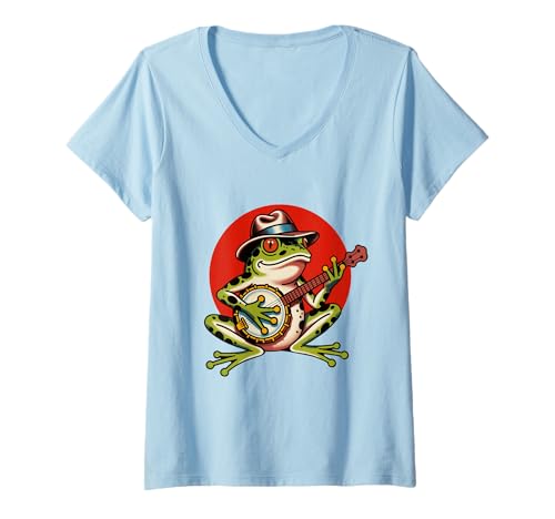 Damen Frosch Banjo Tattoo Flash Vintage Classic American Tattoos T-Shirt mit V-Ausschnitt Damen Frosch Banjo Tattoo Flash Vintage Classic American Tattoos T-Shirt mit V-Ausschnitt von Tradition Inkwear