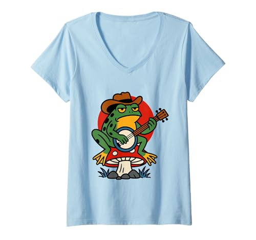 Damen Frosch Banjo Tattoo Flash Vintage Classic American Tattoos T-Shirt mit V-Ausschnitt Damen Frosch Banjo Tattoo Flash Vintage Classic American Tattoos T-Shirt mit V-Ausschnitt von Tradition Inkwear