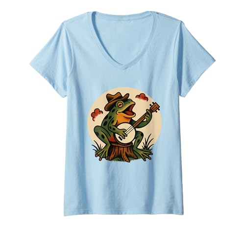 Damen Frosch Banjo Tattoo Flash Vintage Classic American Tattoos T-Shirt mit V-Ausschnitt von Tradition Inkwear