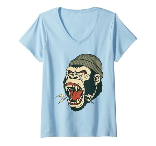 Damen Gorilla Tattoo Klassische amerikanische Old-School-Tattoos im Vintage-Stil T-Shirt mit V-Ausschnitt Damen Gorilla Tattoo Klassische amerikanische Old-School-Tattoos im Vintage-Stil T-Shirt mit V-Ausschnitt von Tradition Inkwear