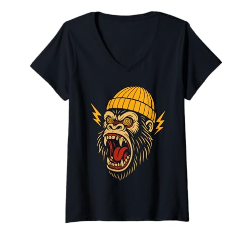 Damen Gorilla Tattoo Klassische amerikanische Old-School-Tattoos im Vintage-Stil T-Shirt mit V-Ausschnitt Damen Gorilla Tattoo Klassische amerikanische Old-School-Tattoos im Vintage-Stil T-Shirt mit V-Ausschnitt von Tradition Inkwear