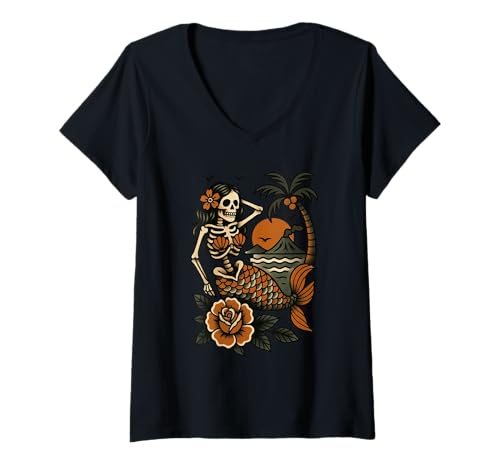 Damen Skelett Meerjungfrau Tattoo Flash Classic American Tattoos T-Shirt mit V-Ausschnitt Damen Skelett Meerjungfrau Tattoo Flash Classic American Tattoos T-Shirt mit V-Ausschnitt von Tradition Inkwear