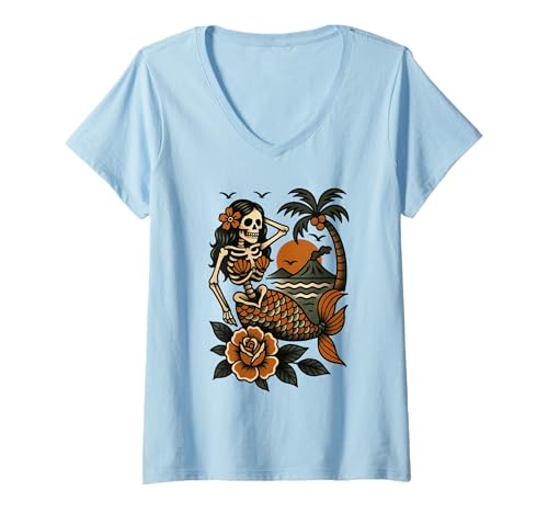 Damen Skelett Meerjungfrau Tattoo Flash Classic American Tattoos T-Shirt mit V-Ausschnitt Damen Skelett Meerjungfrau Tattoo Flash Classic American Tattoos T-Shirt mit V-Ausschnitt von Tradition Inkwear
