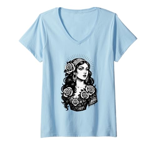 Damen Zigeunertätowierung Cool Lady Klassische amerikanische Tattoos im Vintage-Stil T-Shirt mit V-Ausschnitt Damen Zigeunertätowierung Cool Lady Klassische amerikanische Tattoos im Vintage-Stil T-Shirt mit V-Ausschnitt von Tradition Inkwear