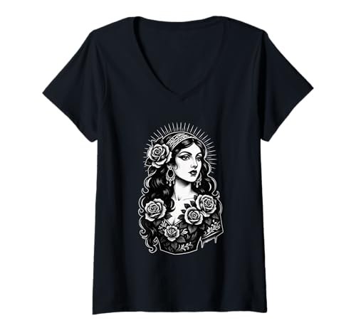 Damen Zigeunertätowierung Cool Lady Klassische amerikanische Tattoos im Vintage-Stil T-Shirt mit V-Ausschnitt Damen Zigeunertätowierung Cool Lady Klassische amerikanische Tattoos im Vintage-Stil T-Shirt mit V-Ausschnitt von Tradition Inkwear